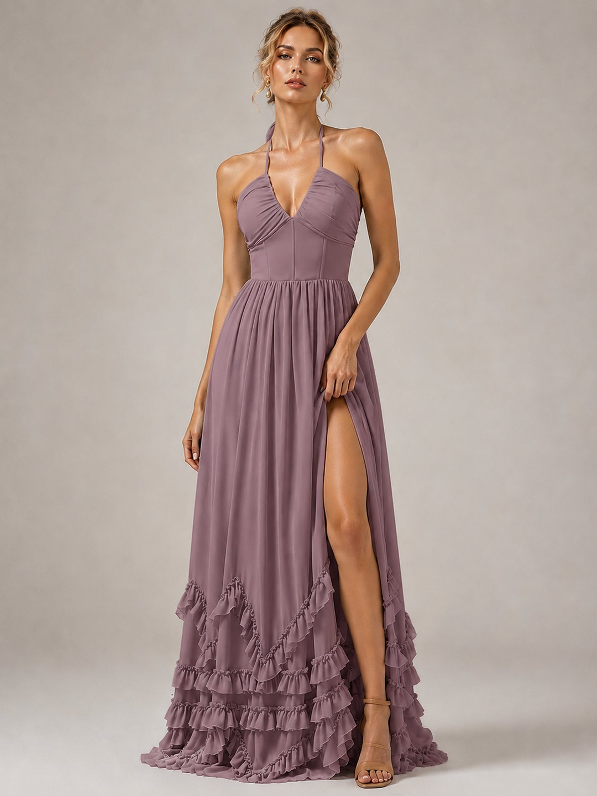 Halter V Neck Chiffon Formal Dress with Lace-Up Back and Ruffle Hem