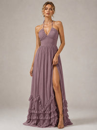 Halter V Neck Chiffon Formal Dress with Lace-Up Back and Ruffle Hem