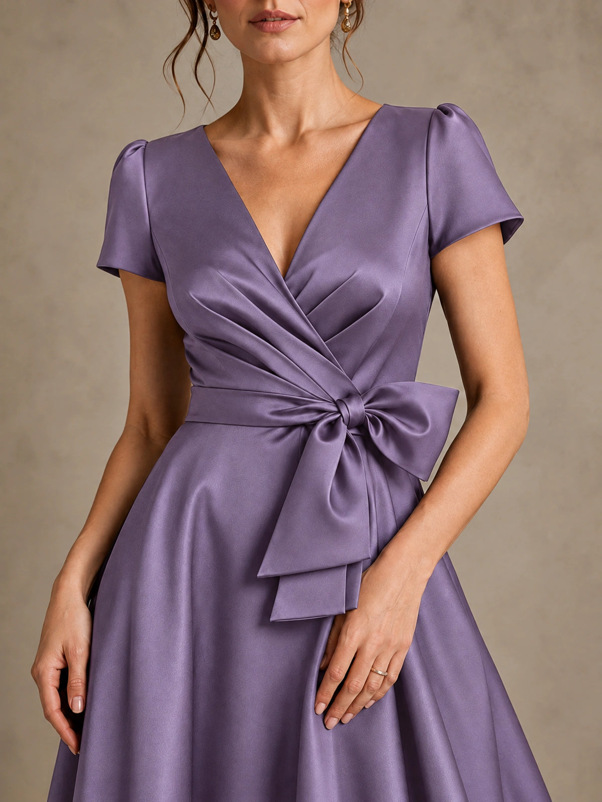 V-Neck Tea-Length Satin Mother of the Bride Dress with Bow