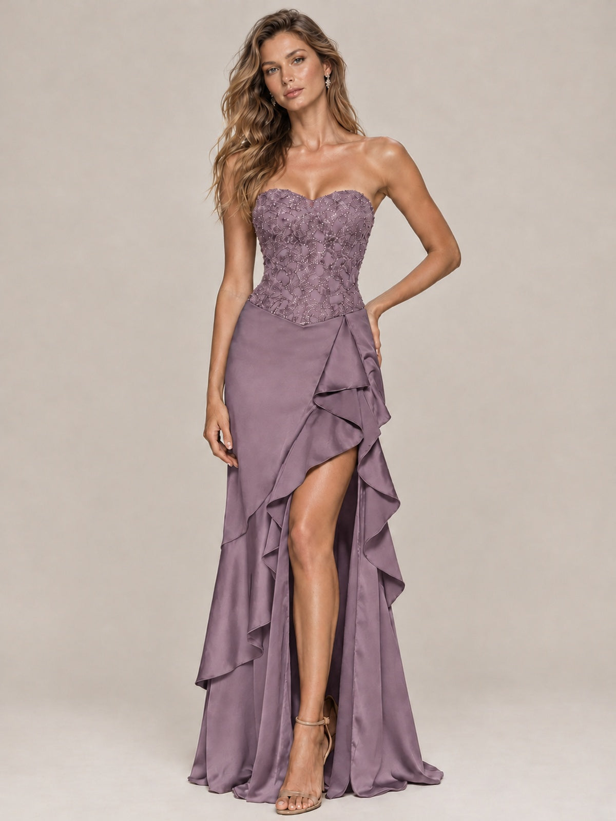 Strapless Lace Appliques Corset Satin Prom Dress Ruffle Slit Evening Gown