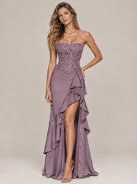 Strapless Lace Appliques Corset Satin Prom Dress Ruffle Slit Evening Gown