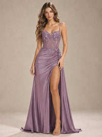 Mermaid Satin Prom Dress with Floral Appliqué Corset and High Slit