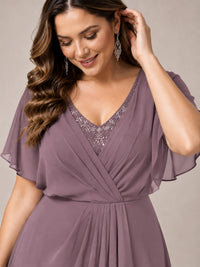 Navy Blue A-Line V-Neck Tea-Length Mother of the Bride Dress