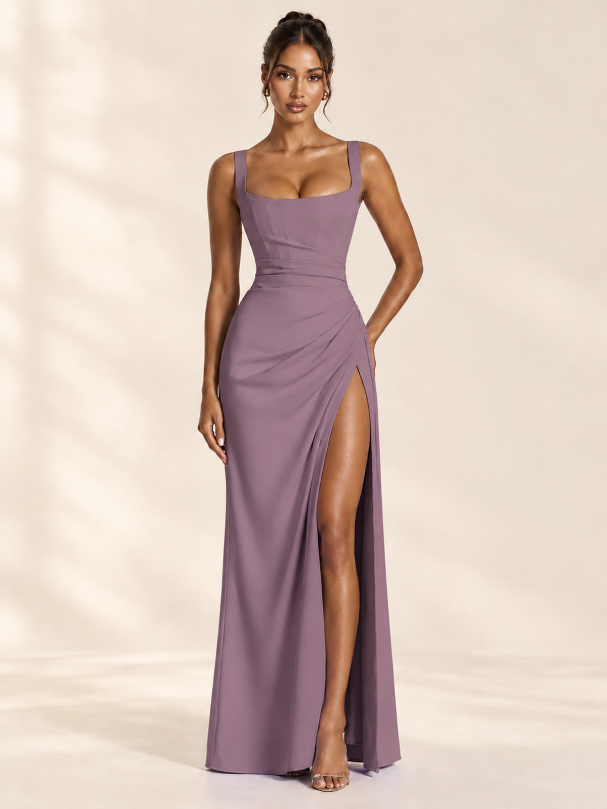 Square Neck Satin Sleeveless Ruched Prom Dress with High Slit