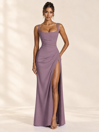 Square Neck Satin Sleeveless Ruched Prom Dress with High Slit