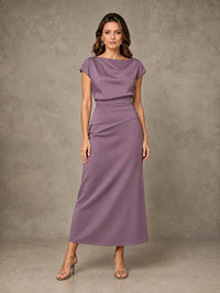 Cowl Neck Satin Mother of the Bride Dress with Ruched Waist