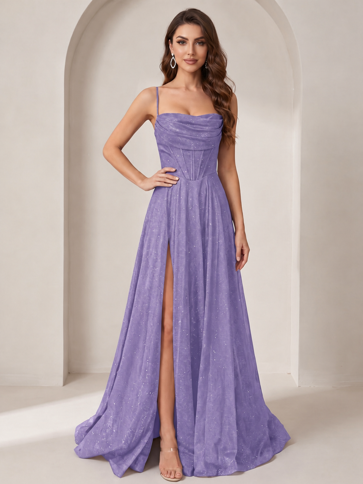Wisteria Sparkly Cowl Neck Corset Long Prom Dress with Slit A-line Tulle Ball Gown Formal Evning Party Dress