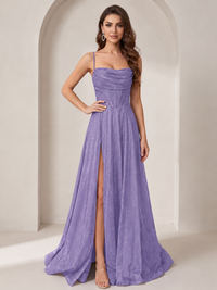 Wisteria Sparkly Cowl Neck Corset Long Prom Dress with Slit A-line Tulle Ball Gown Formal Evning Party Dress