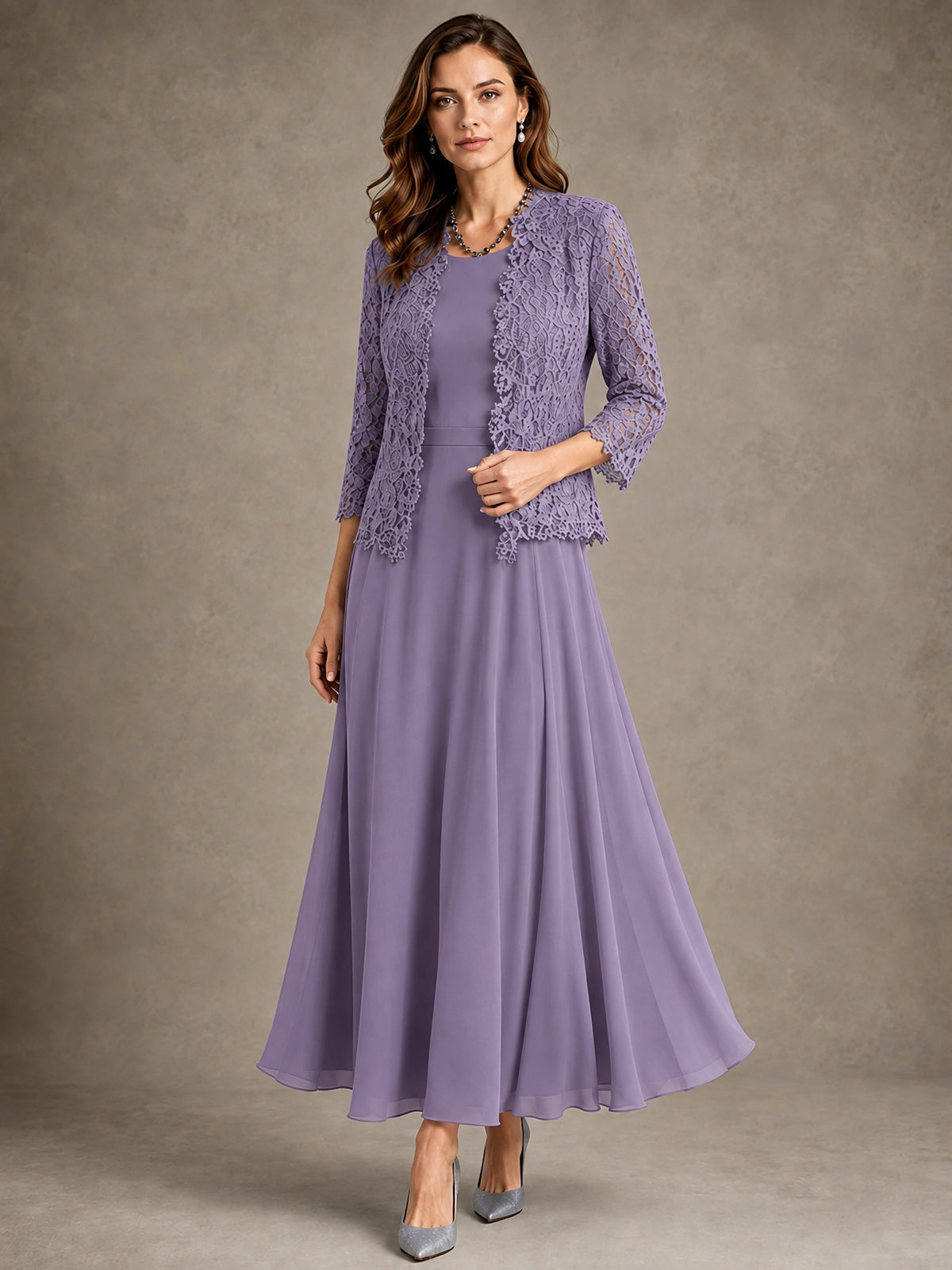 2-Piece Chiffon Mother of the Bride Dress with Lace Jacket