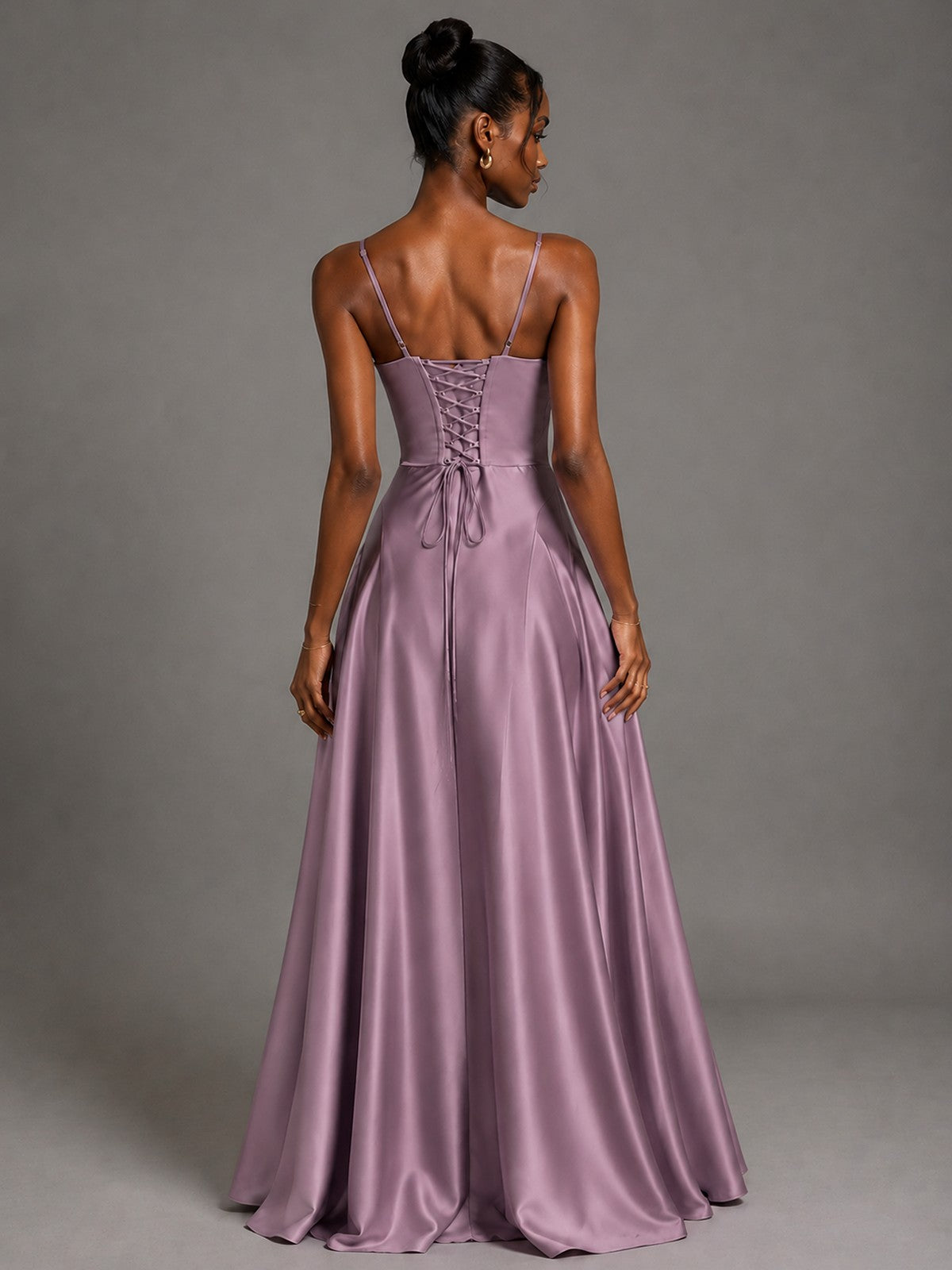 Lavender V Neck Satin Prom Dress with Spaghetti Straps