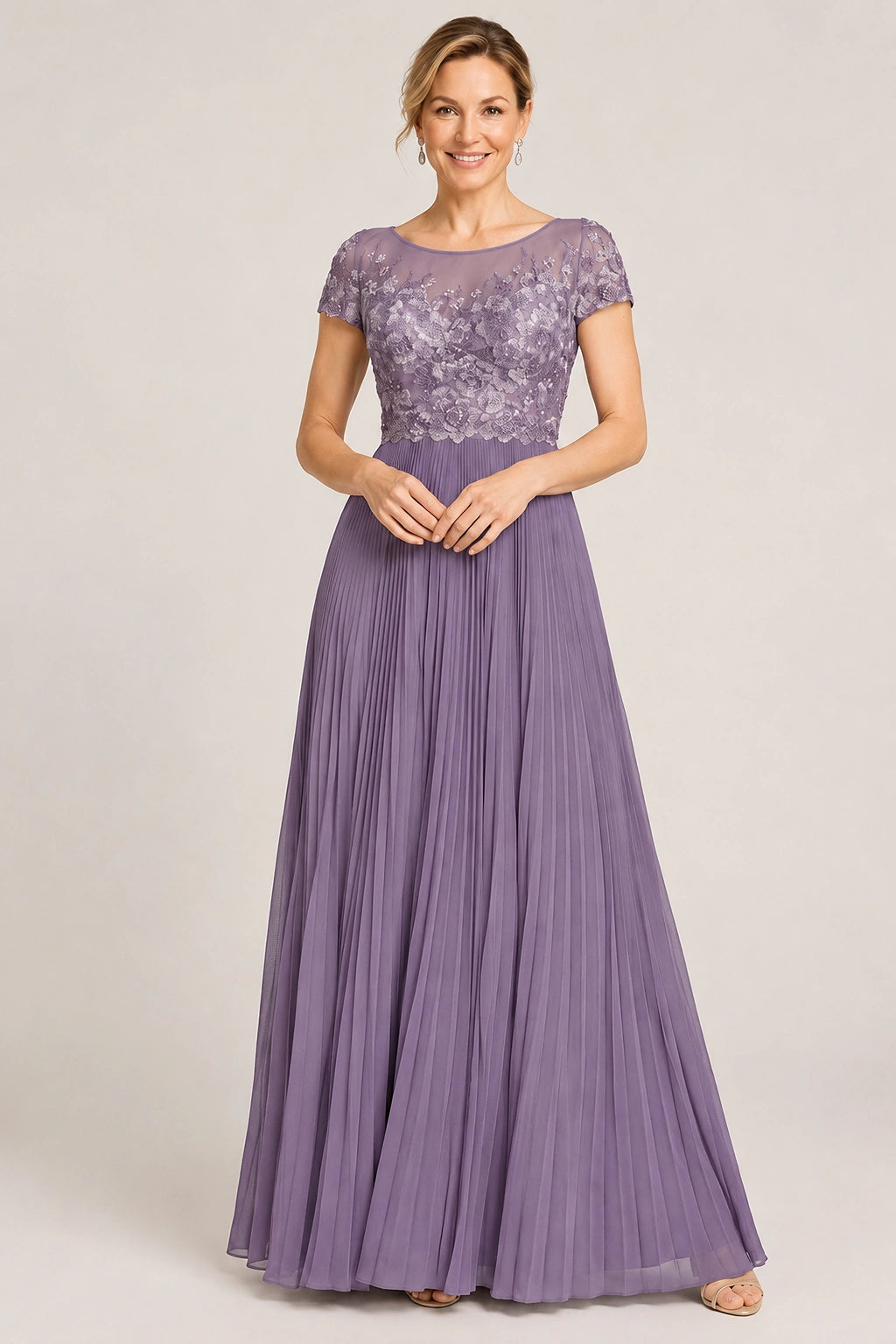 Embroidered Lace Pleated Mother of the Bride Dress