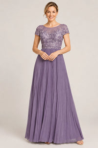 Embroidered Lace Pleated Mother of the Bride Dress