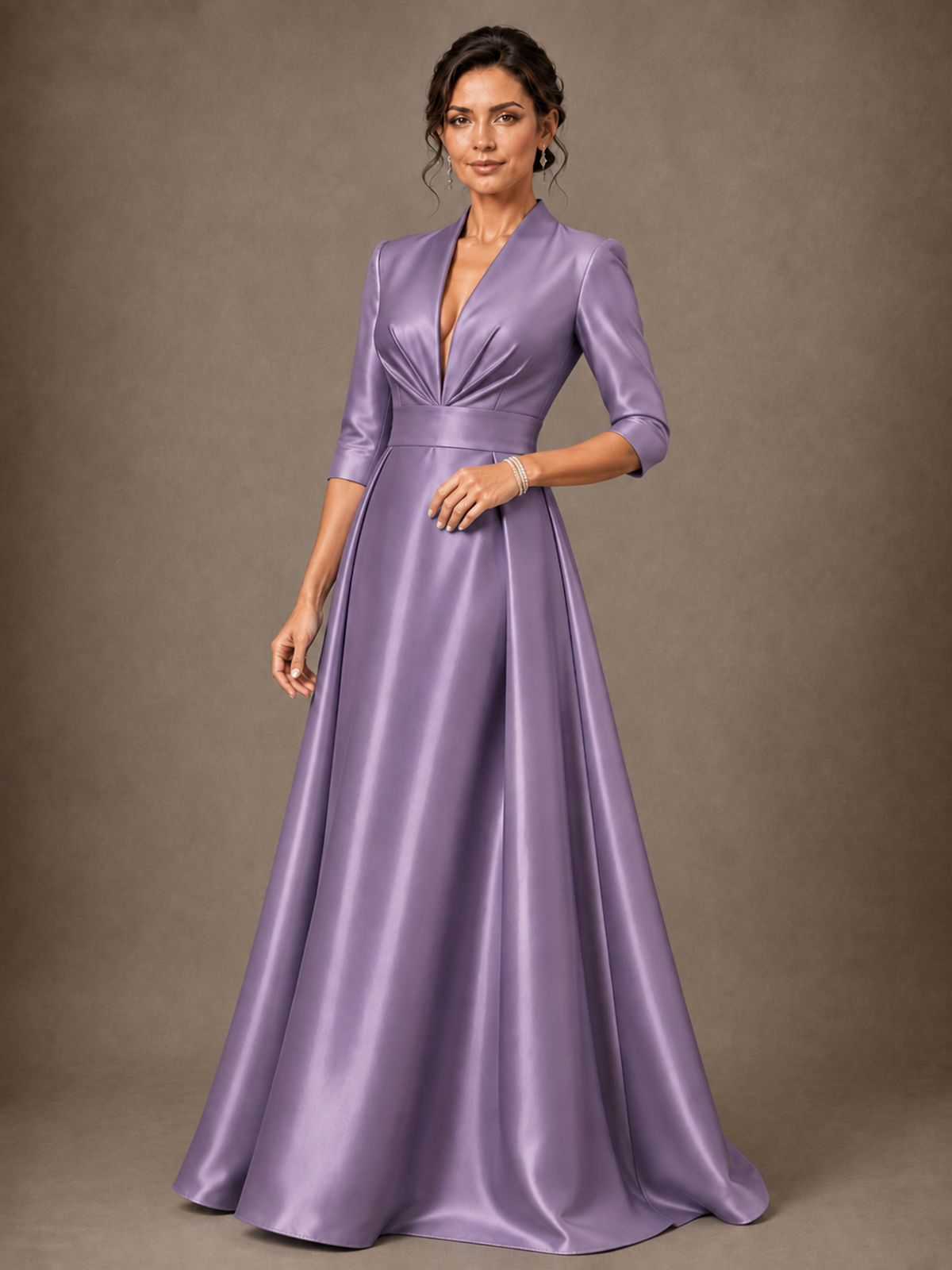 V-Neck Pleated Satin Mother of the Bride Gown with 3/4 Sleeves