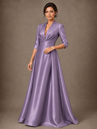 V-Neck Pleated Satin Mother of the Bride Gown with 3/4 Sleeves