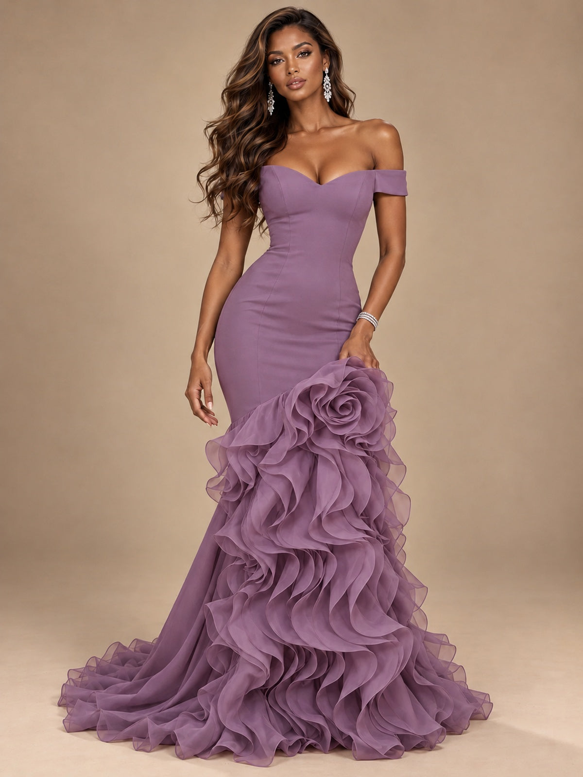 Dusty Blue Off-the-Shoulder Mermaid Prom Dress with 3D Rose & Ruffles