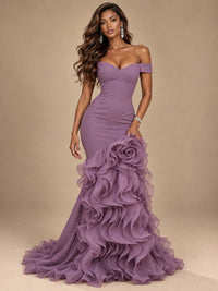 Dusty Blue Off-the-Shoulder Mermaid Prom Dress with 3D Rose & Ruffles