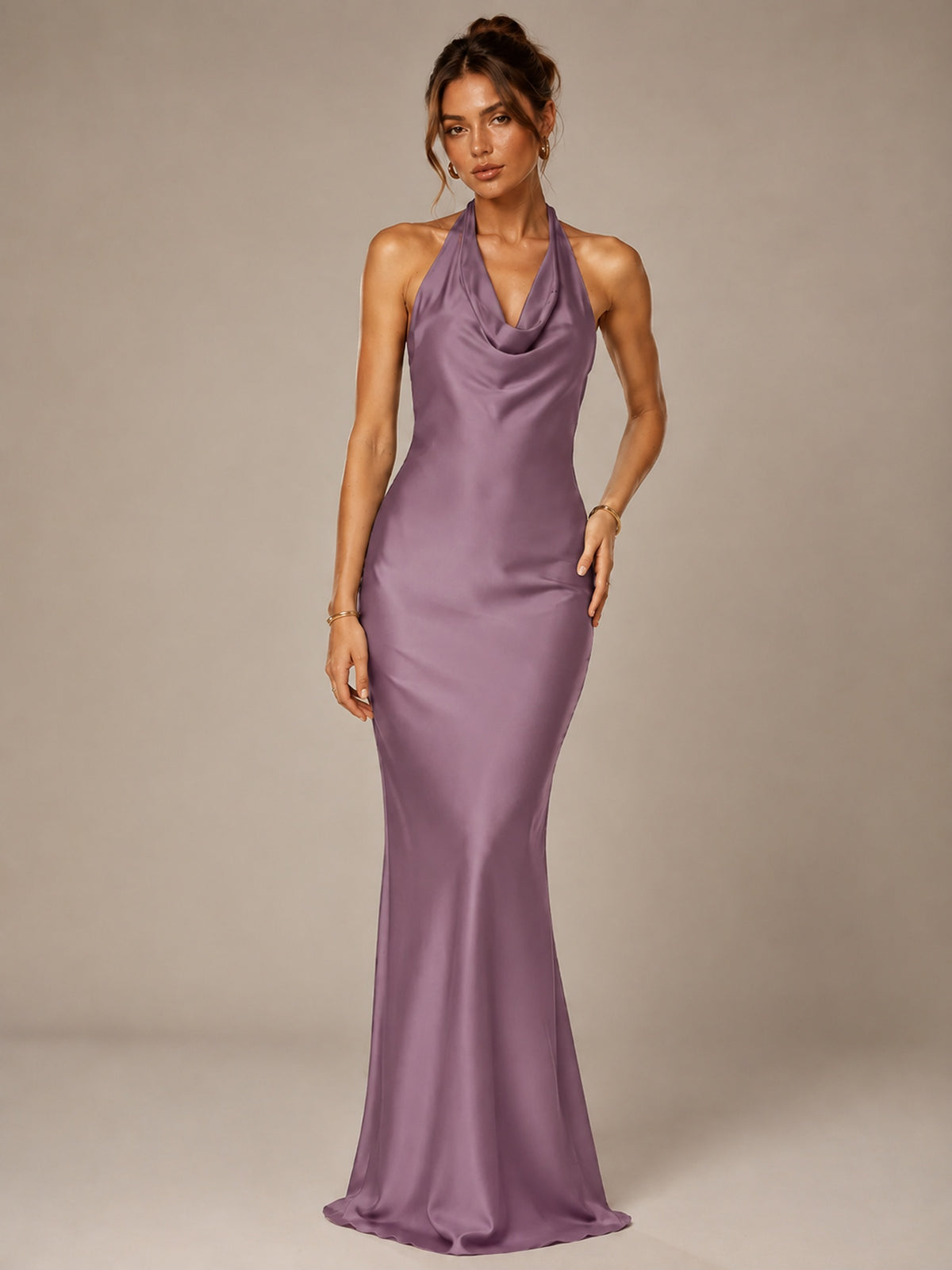 Olive Green Halter Satin Mermaid Maxi Dress
