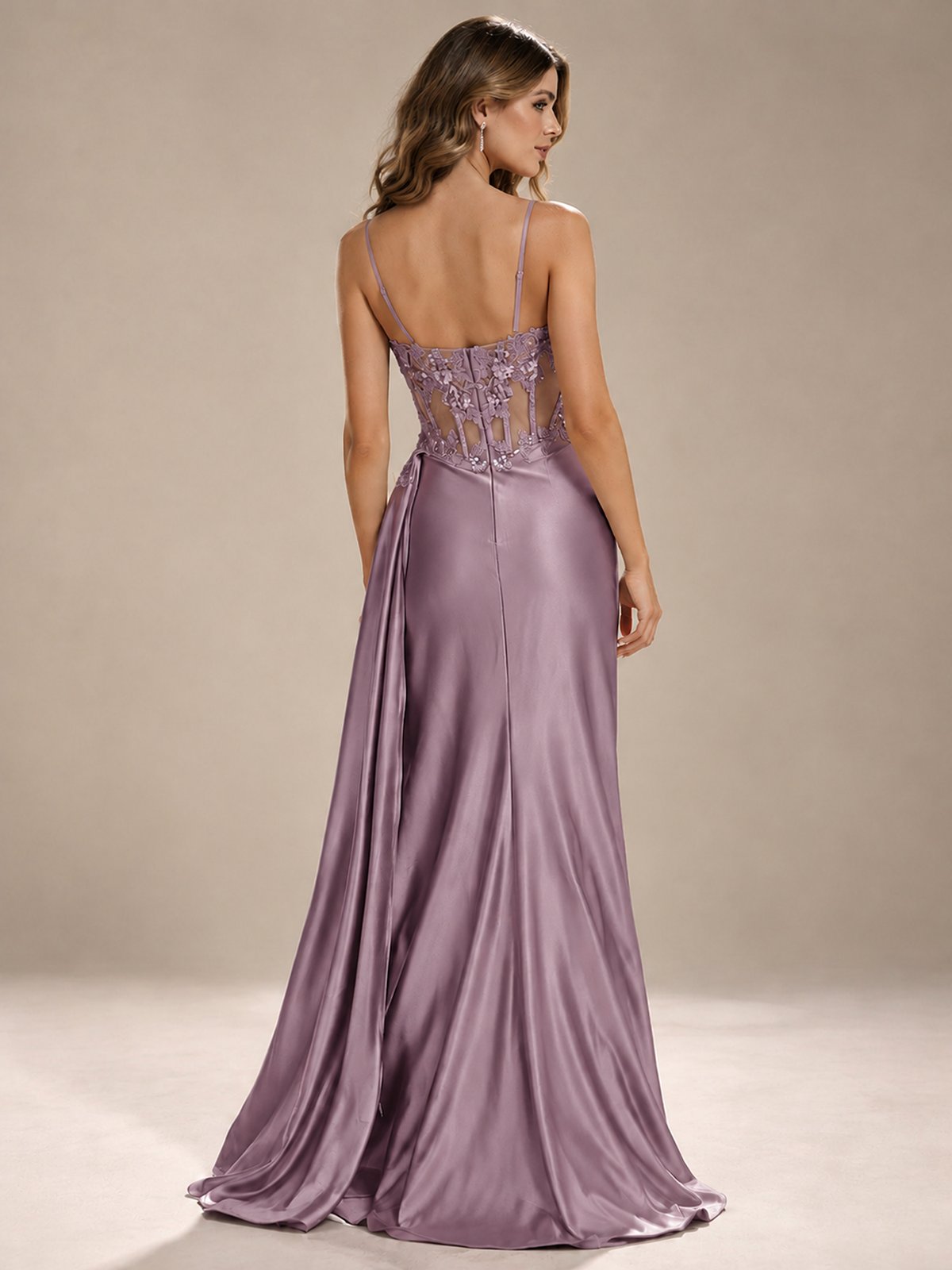 Mermaid Satin Prom Dress with Floral Appliqué Corset and High Slit