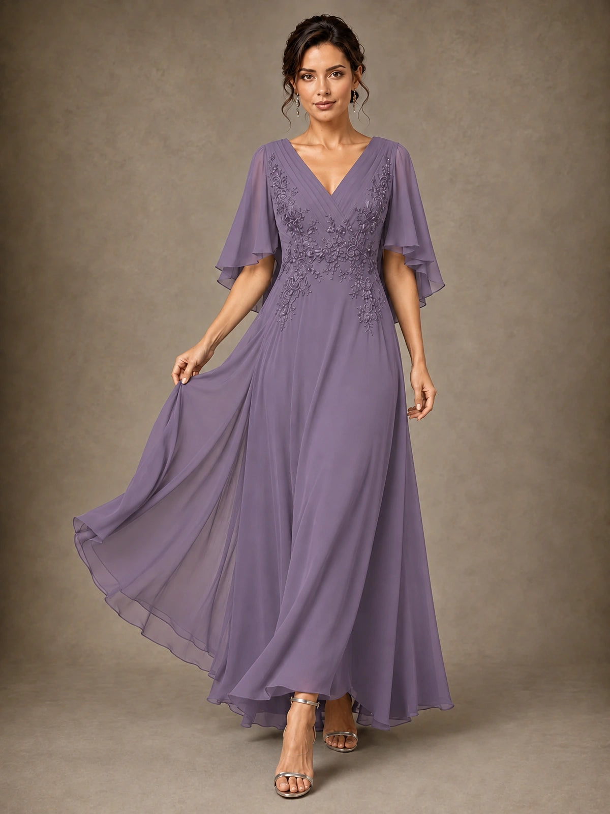 V-Neck Chiffon Lace Mother of the Bride Dress with Flutter Sleeves