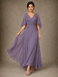 V-Neck Chiffon Lace Mother of the Bride Dress with Flutter Sleeves