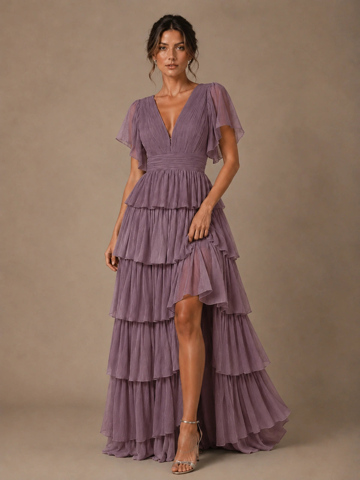 Chiffon V-Neck Tiered Ruffle Bridesmaid Dress with Slit