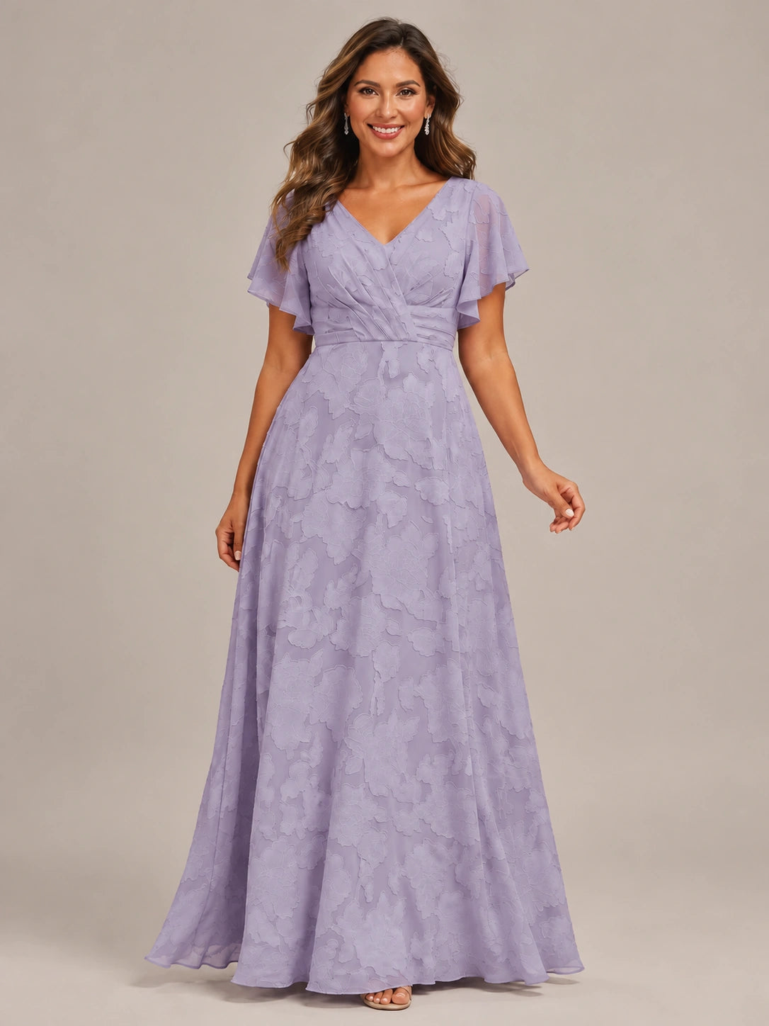 Jovellee Floral Chiffon A-Line Mother of the Bride Dress with Flutter Sleeves