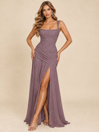 Wrap Pleated Prom Dress Scoop Neck with Slit Women Wedding Formal Dress