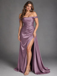 Off Shoulder Satin Maxi Dress with Slit