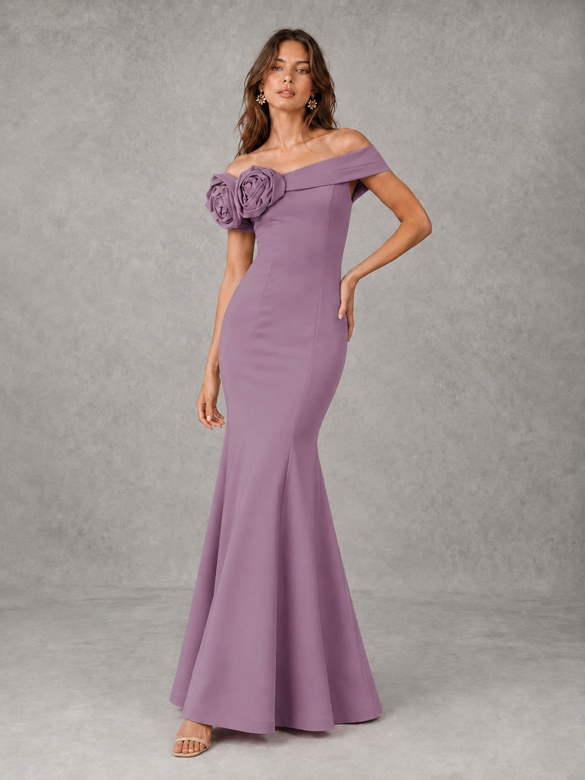 Blush Pink Off Shoulder Mermaid Bridesmaid Dress with Floral Rosette