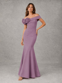 Blush Pink Off Shoulder Mermaid Bridesmaid Dress with Floral Rosette