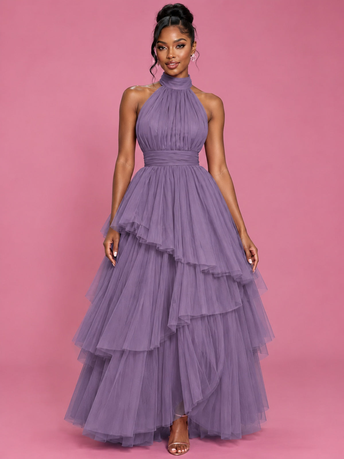 Hot Pink Tulle Halter Neck Tiered Ruffle Maxi Dress