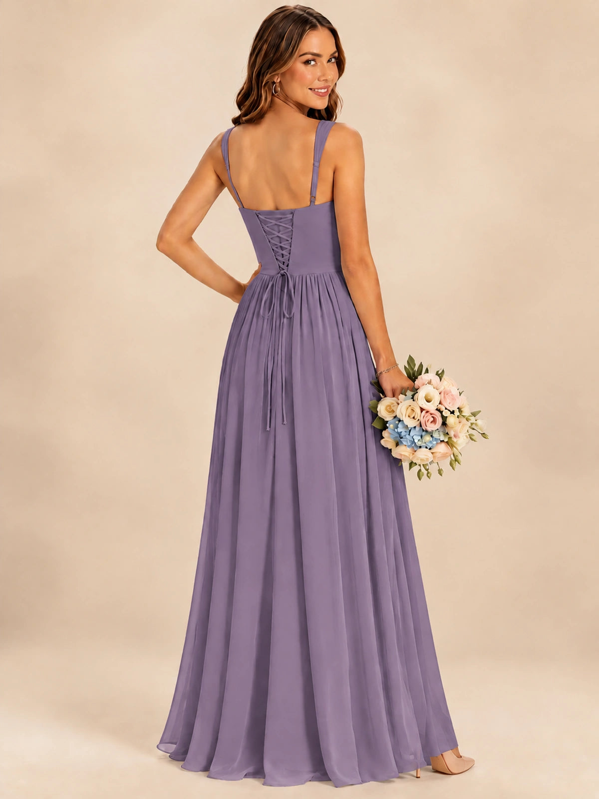 Spaghetti Straps Pleated Chiffon Bridesmaid Dress with Ruffle Slit