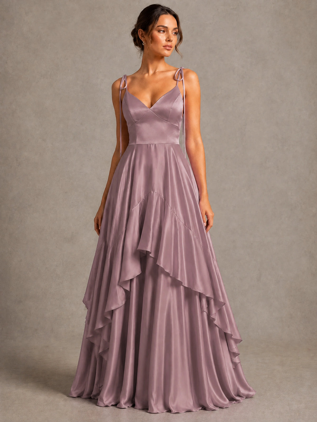 Lavender Satin V-Neck Ruffle Maxi Dress