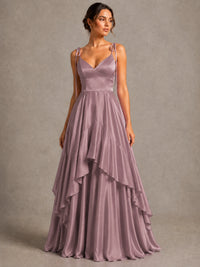 Lavender Satin V-Neck Ruffle Maxi Dress