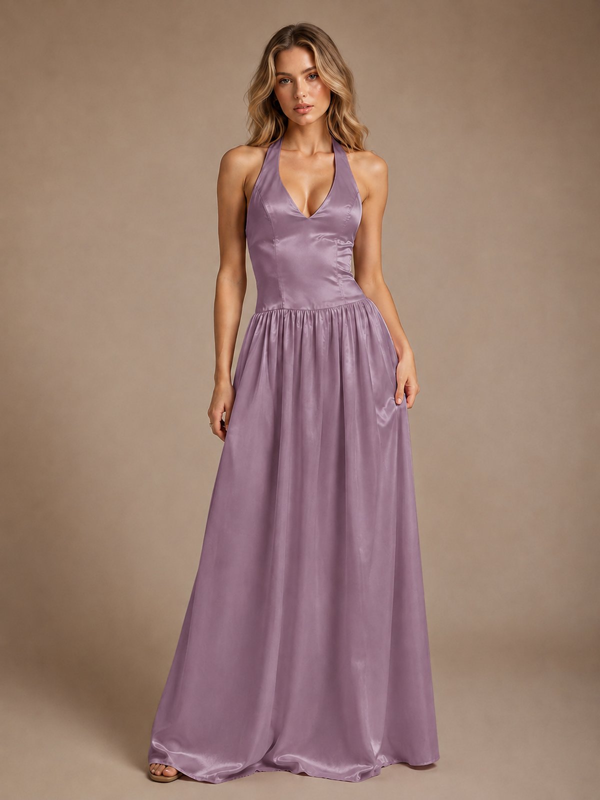 Pink V Neck Halter Satin Maxi Dress