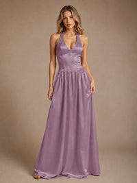 Pink V Neck Halter Satin Maxi Dress