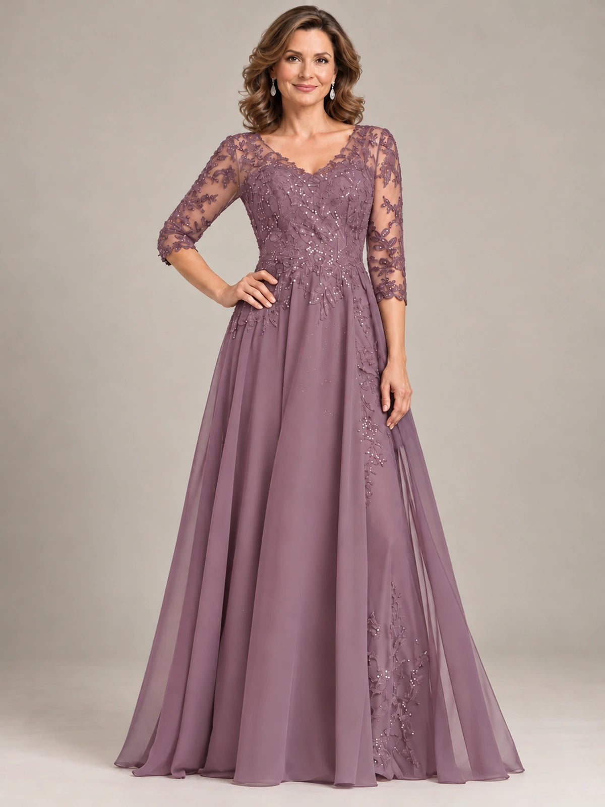 Sequin Lace A-Line Mother of the Bride Dress with 3/4 Sleeves