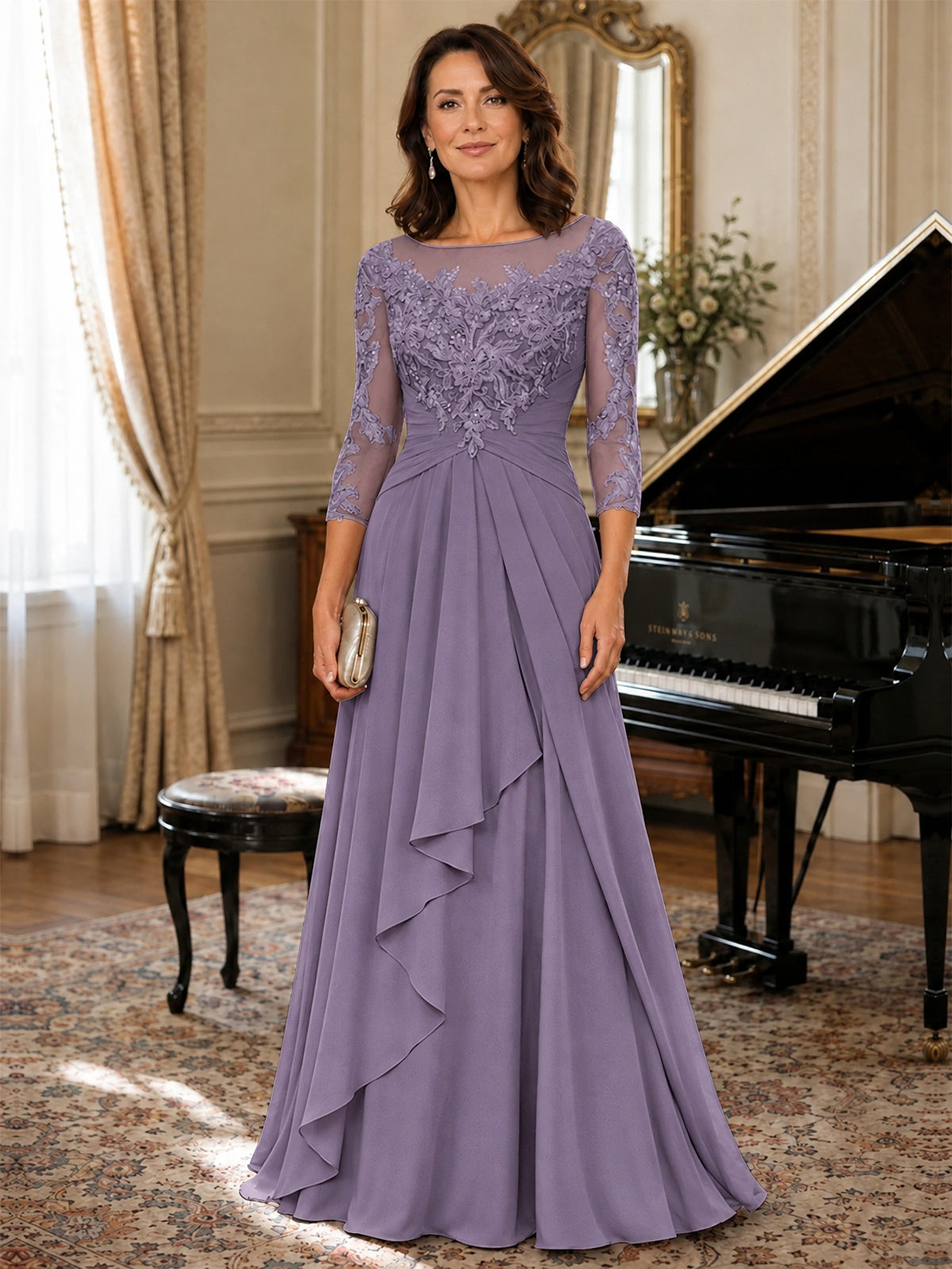 A-Line Chiffon Mother of the Bride Dress with Floral Applique 3/4 Sleeves
