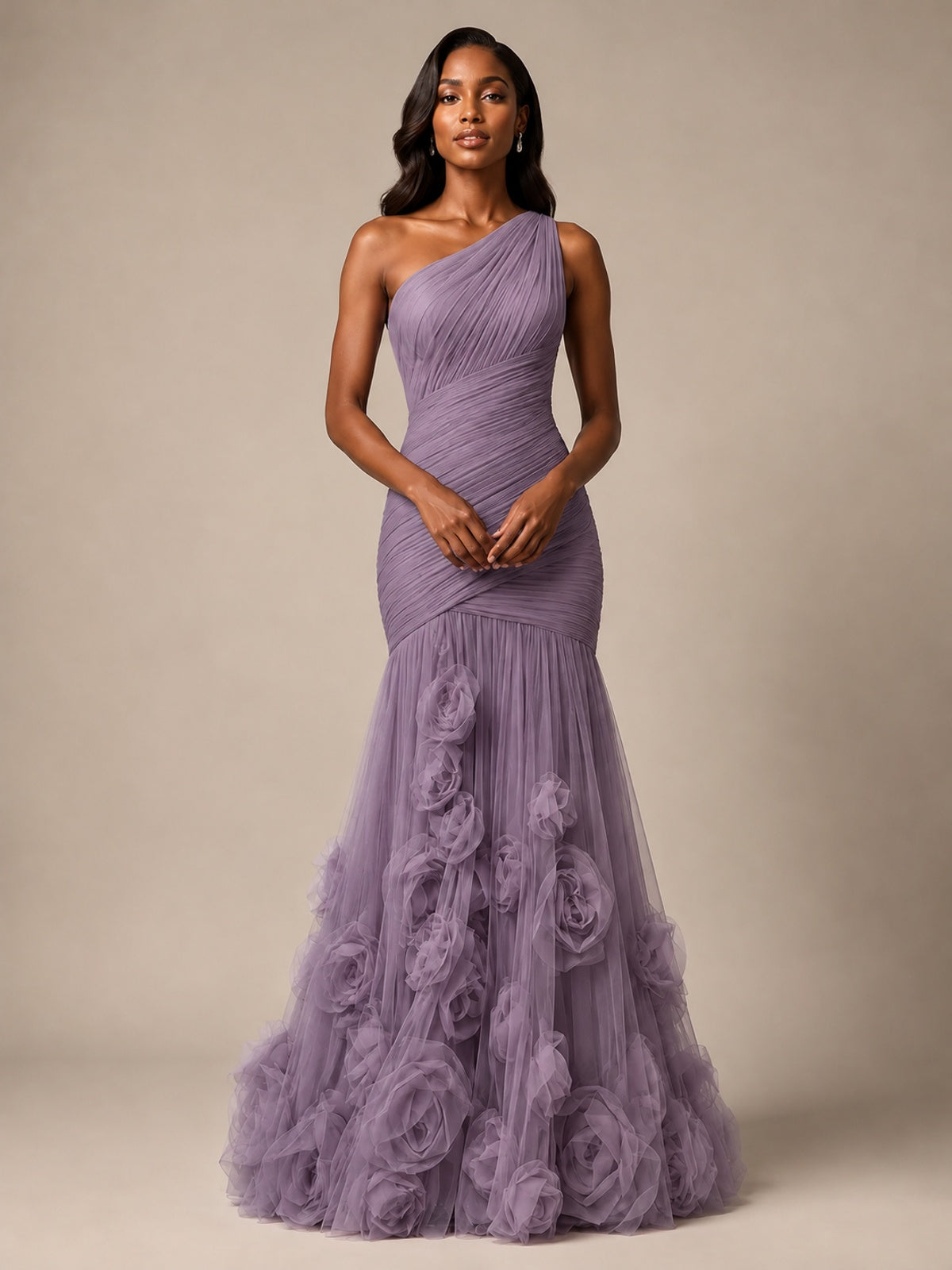 Blush Pink One Shoulder 3D Floral Mermaid Prom Dress