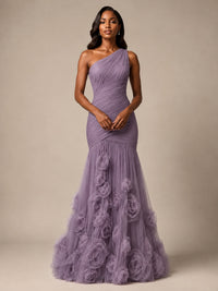 Blush Pink One Shoulder 3D Floral Mermaid Prom Dress