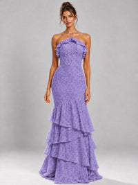 Halter Tiered Mermaid Prom Dress with Sparkly Lace