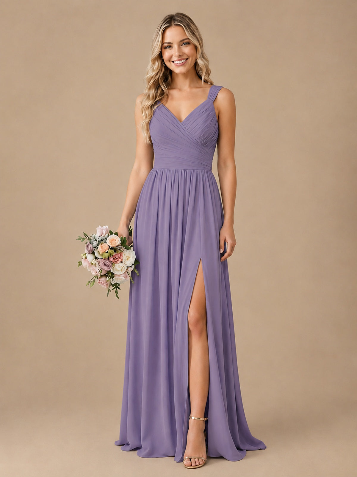 Pleated Chiffon V Neck Wedding Bridesmaid Dresses Floor Length with Slit