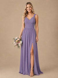 Pleated Chiffon V Neck Wedding Bridesmaid Dresses Floor Length with Slit