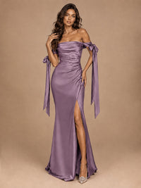 Off The Shuolder Satin Prom Dress Slit Mermaid Formal Gowns