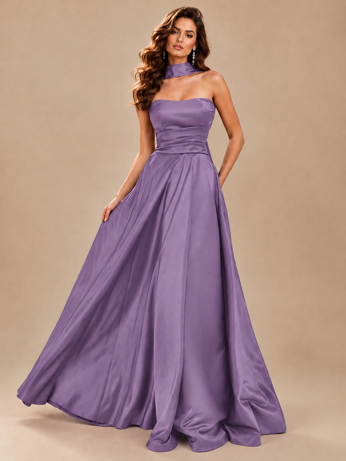 Strapless Prom Dress Side High Slit A-line Formal Dress with Scarf
