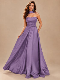 Strapless Prom Dress Side High Slit A-line Formal Dress with Scarf