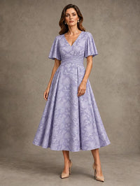 V-Neck Floral Jacquard Tea-Length Mother of the Bride Dress