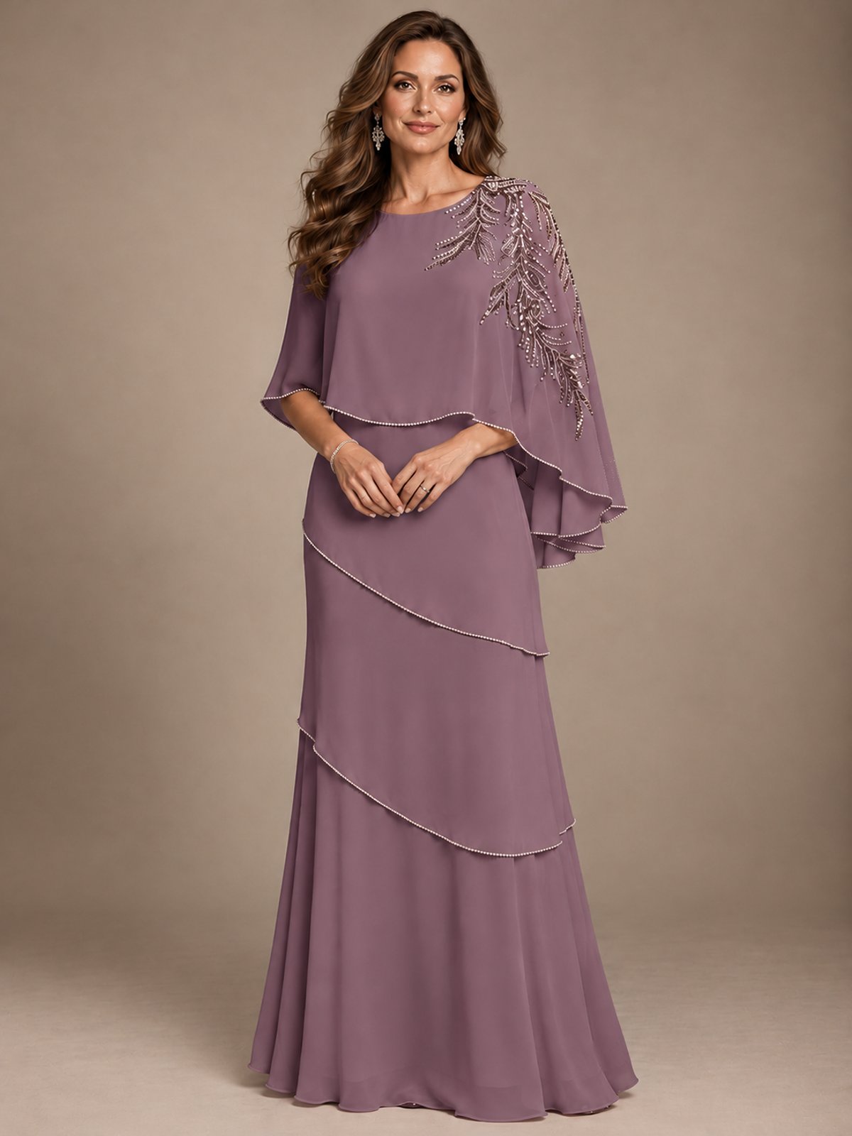 Elegant Chiffon Cape Sleeve Beaded Mother of the Bride Dress