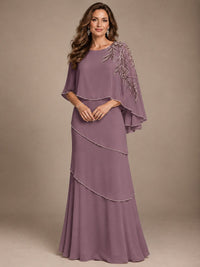 Elegant Chiffon Cape Sleeve Beaded Mother of the Bride Dress