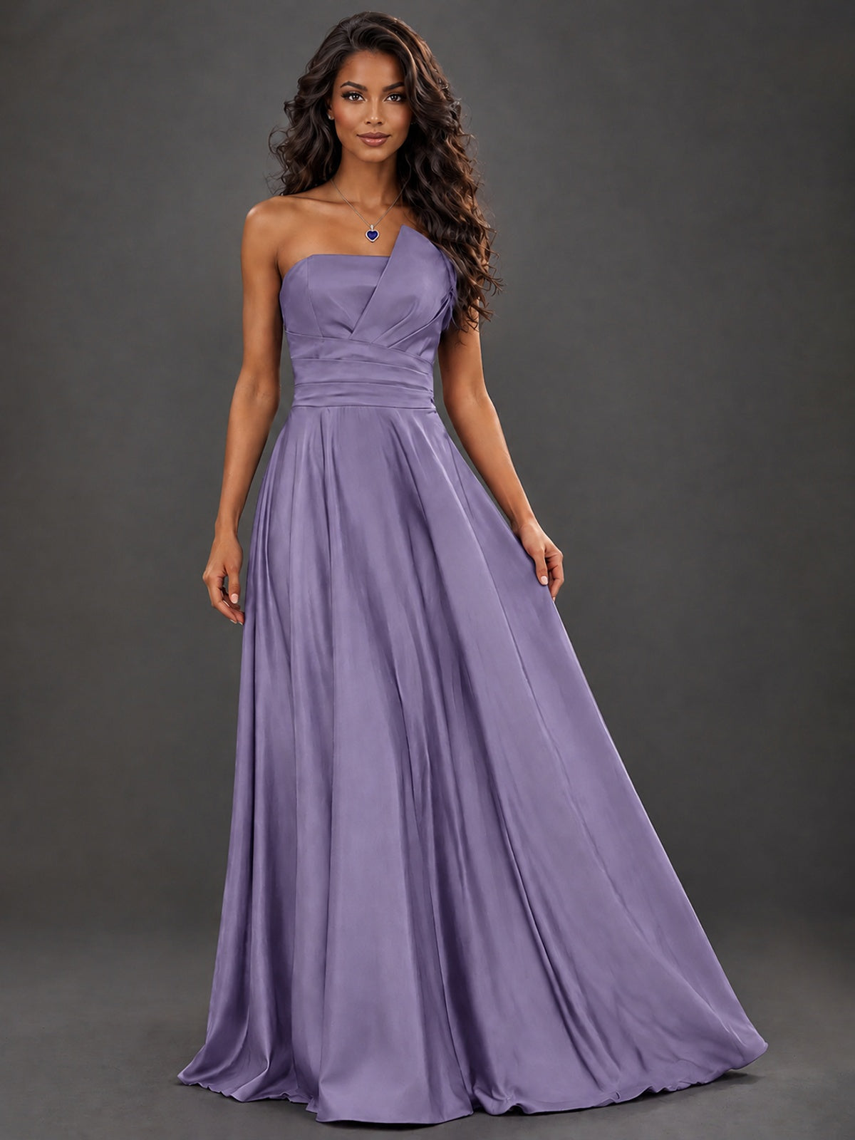 Draped Satin Prom Dress Strapless A-line Formal Dress Floor Length